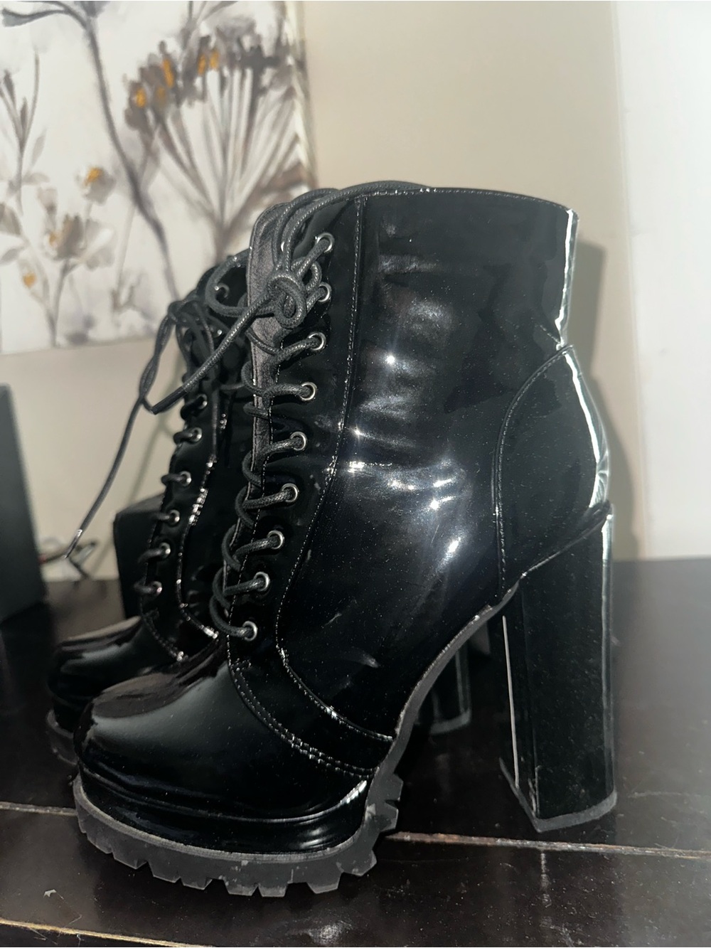Fashion Nova Glossy Black Lace-Up Block Heel Ankle Boots